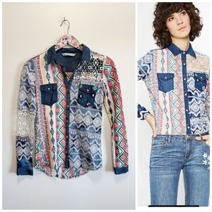 DESIGUAL Mauricio Patchwork Long Sleeve Button Up Top Shirt XS Denim Colorful